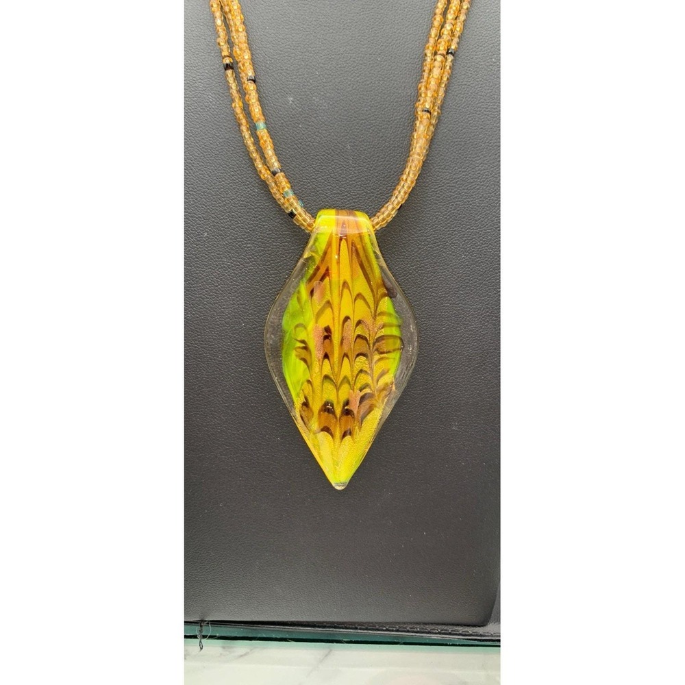 Handcrafted Art Glass Teardrop Yellow Sparkle Swirl Pendant Seed Bead Necklace